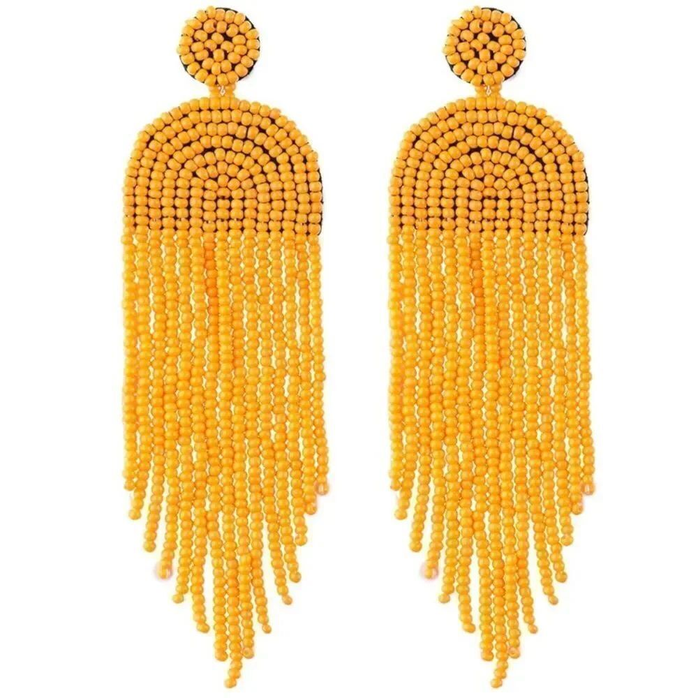 Long Boho Orange Beaded Tassel Fringe Dangling Drop Fan Chandelier Post Earrings